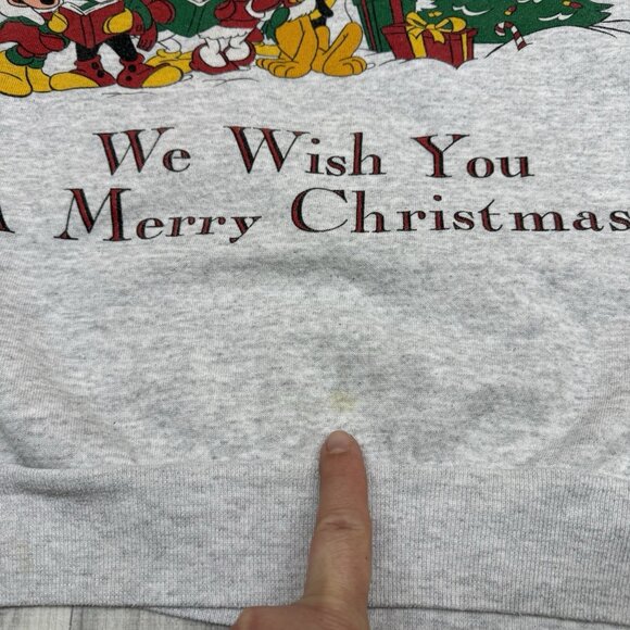 ✅VTG Mickey Minnie Mouse Pluto Goofy Donald Daffy Christmas Sweatshirt M *STAIN - Picture 2 of 13